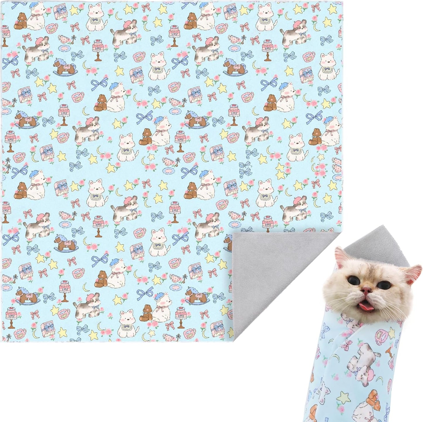 27.6" Self-Adhesive Cat Grooming Wrap - Magic Cloth Restraint for Nail Cutting & Storage Case Kit for Pets (Up to 15lbs)